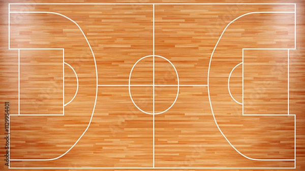 Obraz A top view of a basketball court, featuring a polished wooden floor and white court lines. The design creates a vibrant and dynamic atmosphere for the game.