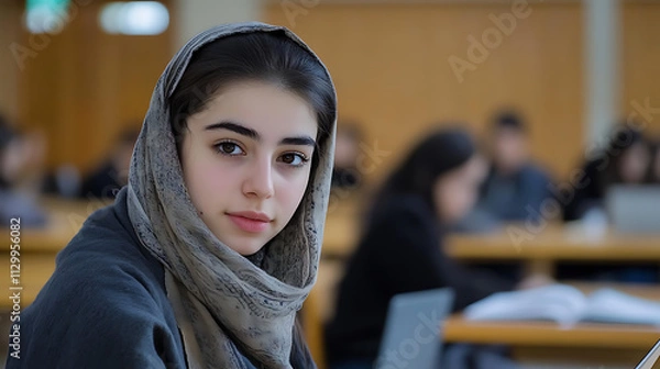 Obraz A young Middle Eastern woman wearing a grey hijab gazes thoughtfully at the camera, surrounded by fellow students in a classroom environment.