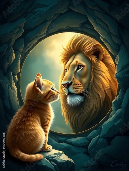 Fototapeta A lion looking into a mirror and seeing a kitten's reflection, symbolizing self-perception, hidden potential, and inner strength.

