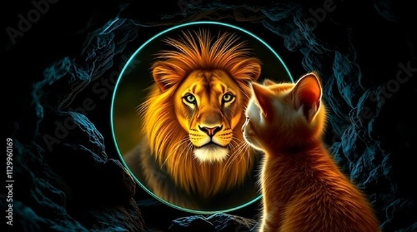 Fototapeta A lion looking into a mirror and seeing a kitten's reflection, symbolizing self-perception, hidden potential, and inner strength.

