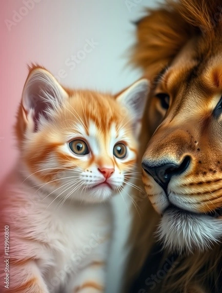 Fototapeta A kitten looking at its reflection in a mirror, seeing a lion, symbolizing self-confidence, strength, and untapped potential.

