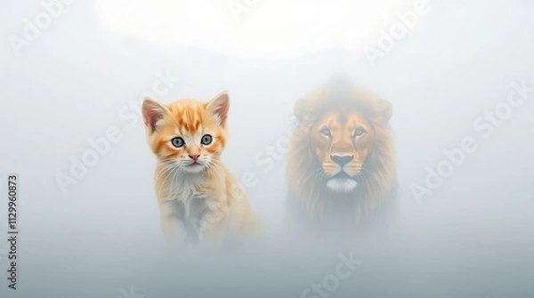 Fototapeta A kitten looking at its reflection in a mirror, seeing a lion, symbolizing self-confidence, strength, and untapped potential.

