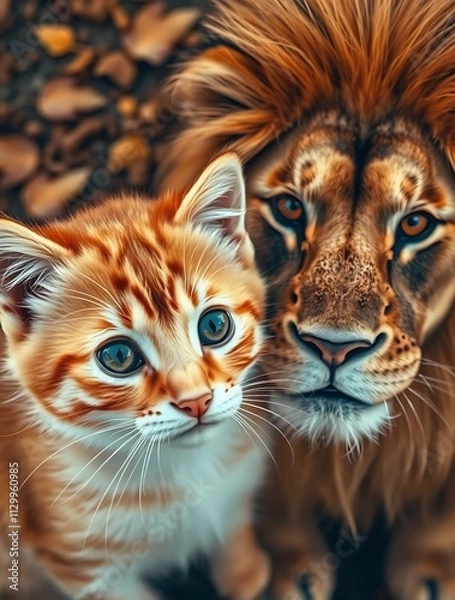 Fototapeta A kitten looking at its reflection in a mirror, seeing a lion, symbolizing self-confidence, strength, and untapped potential.

