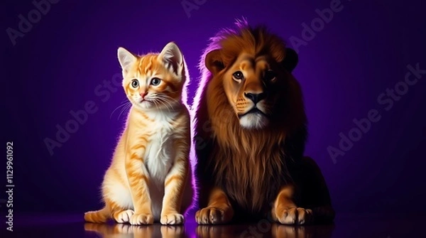 Fototapeta A kitten looking at its reflection in a mirror, seeing a lion, symbolizing self-confidence, strength, and untapped potential.


