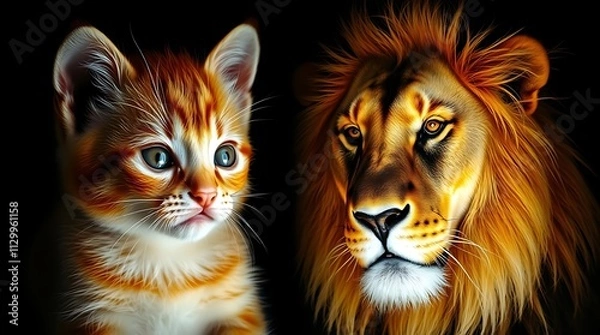 Fototapeta A kitten looking at its reflection in a mirror, seeing a lion, symbolizing self-confidence, strength, and untapped potential.

