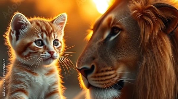Fototapeta A kitten looking at its reflection in a mirror, seeing a lion, symbolizing self-confidence, strength, and untapped potential.

