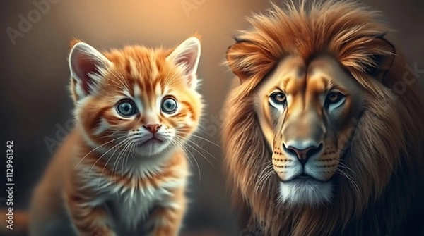 Fototapeta A kitten looking at its reflection in a mirror, seeing a lion, symbolizing self-confidence, strength, and untapped potential.

