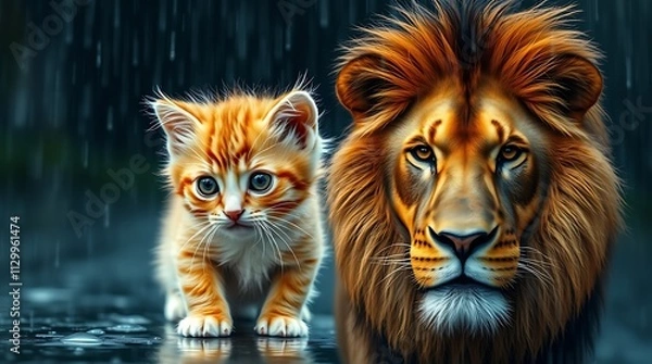 Fototapeta A kitten looking at its reflection in a mirror, seeing a lion, symbolizing self-confidence, strength, and untapped potential.

