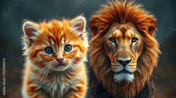Fototapeta A kitten looking at its reflection in a mirror, seeing a lion, symbolizing self-confidence, strength, and untapped potential.

