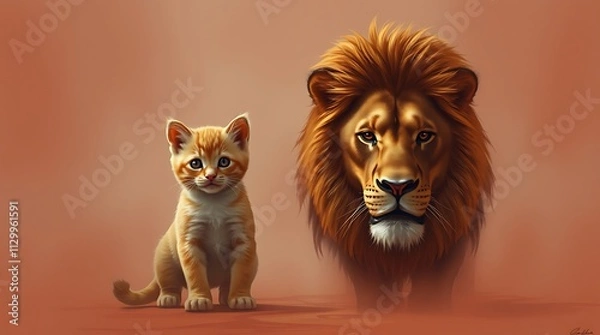 Fototapeta A kitten looking at its reflection in a mirror, seeing a lion, symbolizing self-confidence, strength, and untapped potential.

