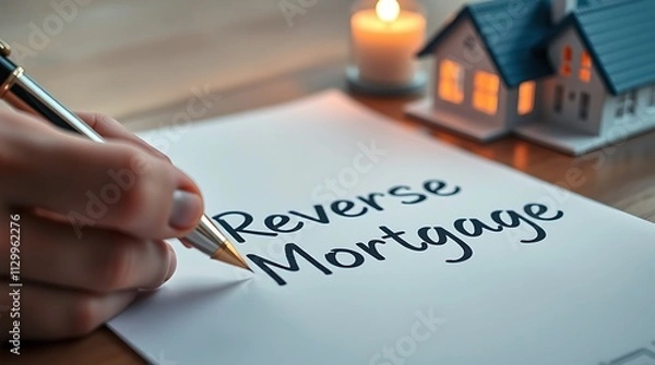Fototapeta A hand writing "reverse mortgage" next to a model house, symbolizing senior finance and the value of home equity for retirement planning.

