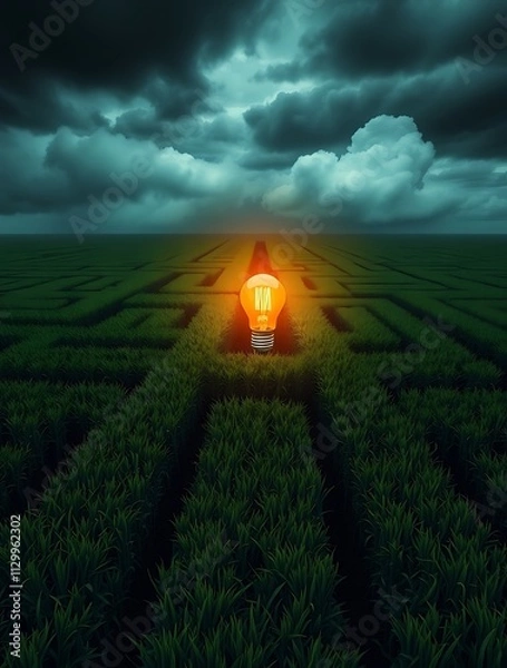 Fototapeta A glowing lightbulb at the heart of a vast green maze, symbolizing the emergence of an idea or solution amidst a complex challenge.

