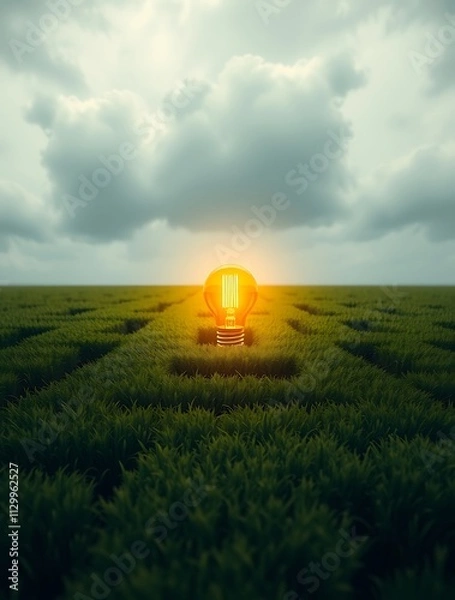 Fototapeta A glowing lightbulb at the heart of a vast green maze, symbolizing the emergence of an idea or solution amidst a complex challenge.

