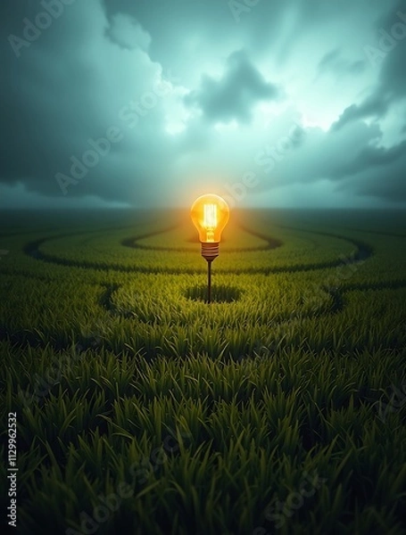 Fototapeta A glowing lightbulb at the heart of a vast green maze, symbolizing the emergence of an idea or solution amidst a complex challenge.

