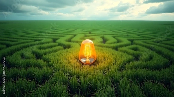 Fototapeta A glowing lightbulb at the heart of a vast green maze, symbolizing the emergence of an idea or solution amidst a complex challenge.

