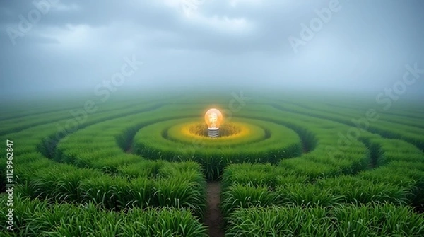 Fototapeta A glowing lightbulb at the heart of a vast green maze, symbolizing the emergence of an idea or solution amidst a complex challenge.

