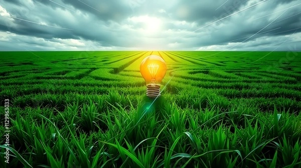 Fototapeta A glowing lightbulb at the heart of a vast green maze, symbolizing the emergence of an idea or solution amidst a complex challenge.

