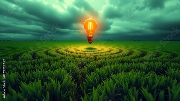 Fototapeta A glowing lightbulb at the heart of a vast green maze, symbolizing the emergence of an idea or solution amidst a complex challenge.


