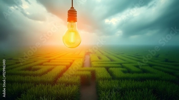 Fototapeta A glowing lightbulb at the heart of a vast green maze, symbolizing the emergence of an idea or solution amidst a complex challenge.

