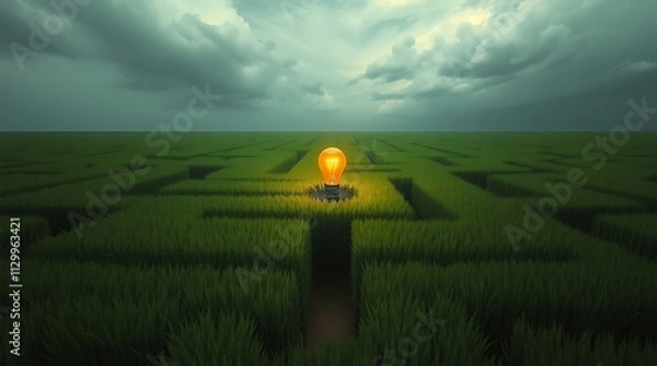 Fototapeta A glowing lightbulb at the heart of a vast green maze, symbolizing the emergence of an idea or solution amidst a complex challenge.

