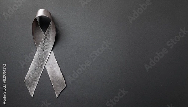 Fototapeta Brain Cancer Awareness Symbol. Gray Ribbon with Copy Space for Text. Dark Gray Background Isolated. Flat Lay Top View.