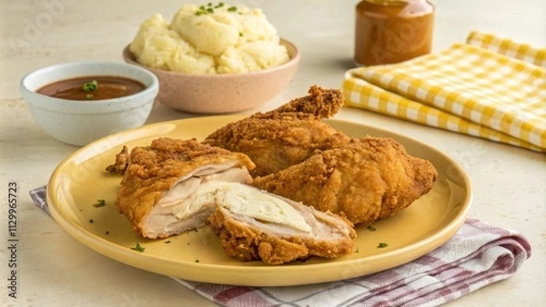 Fototapeta Delicious Southern Fried Chicken Served with Mashed Potatoes