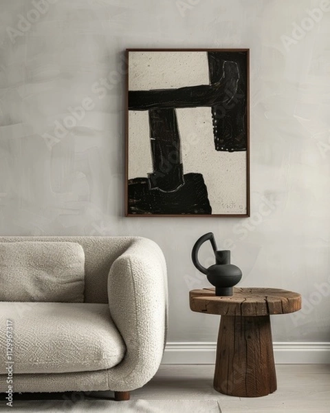 Fototapeta Minimalist Japandi loft living room with boucle sofa, wooden side table, sideboard, and abstract art on a gray concrete wall