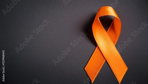 Fototapeta Leukemia Awareness Symbol. Orange Ribbon with Copy Space for Text. Dark Gray Background Isolated. Flat Lay Top View.