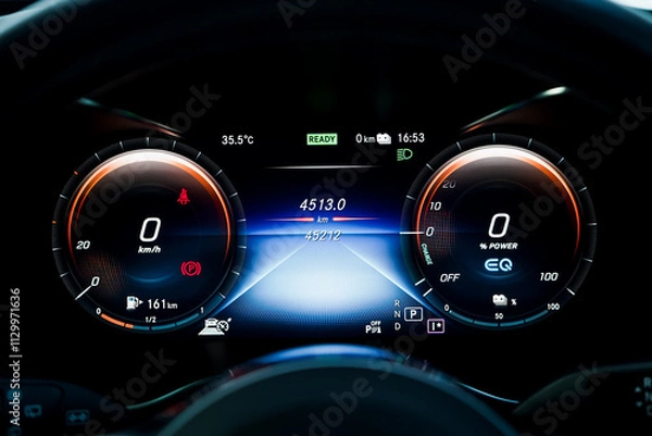 Fototapeta car​ instrument panel, car​ speed motor of​ night, car​ dashboard​ modern​ automobile control​illuminated panel​ speed display.