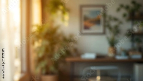 Fototapeta Blurry background home office space corporate casual environment with desks tables chairs laptops