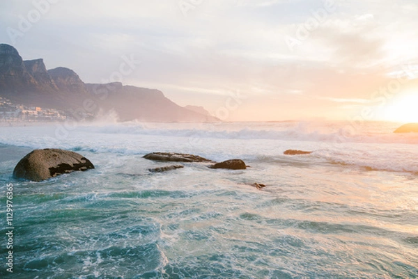 Obraz sunset on the beach waves crashing