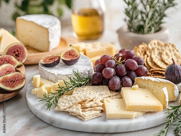 Fototapeta A beautifully arranged cheese platter with fruits, crackers, and herbs for entertaining.