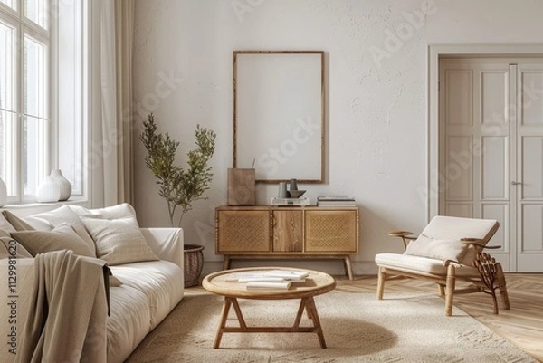 Fototapeta Light-filled Scandinavian living room with a textured wooden sideboard, artistic mock-up frame, and minimalist modern decor for a cozy and stylish ambiance