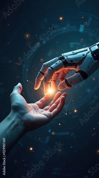 Fototapeta Futuristic Human and Robotic Hand Reaching With Glowing Connection