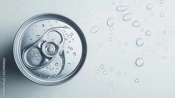 Obraz A close-up view of a metal beverage can with droplets of water on the surface, creating a fresh and cool atmosphere.