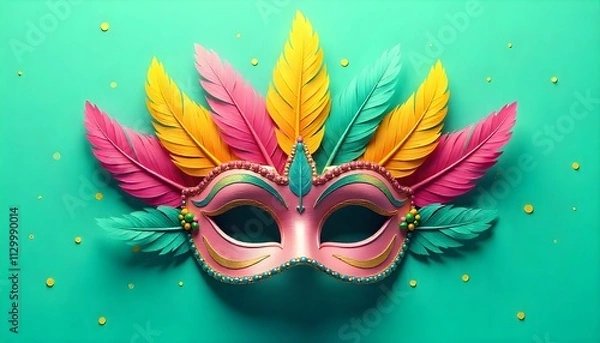 Fototapeta The image is a digital illustration of a carnival mask on a turquoise background. The mask is in the center of the image and is made up of multiple colorful feathers in shades of pink, yellow, green.