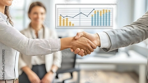 Fototapeta Business partners shaking hands, growth chart in background.
