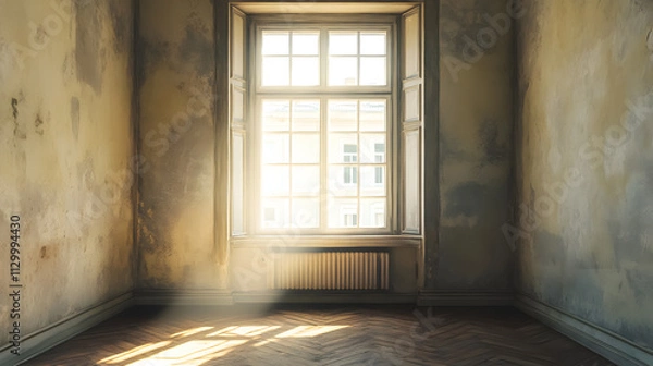 Fototapeta A window in an empty room of an old apartment building with a parquet floor.