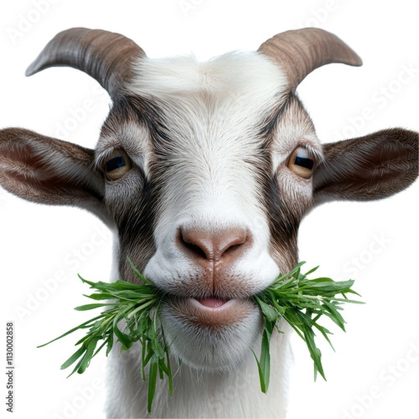 Obraz Smiling goat with fresh grass in its mouth. transparent background