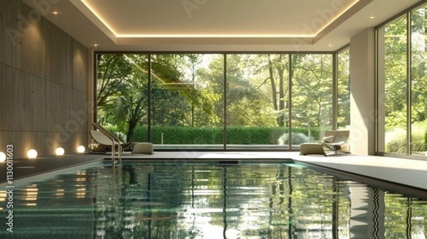 Fototapeta Contemporary indoor pool with a sleek design, large windows providing a view of a garden