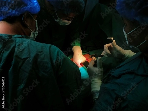 Fototapeta Surgery of abdominal, Resection of Small Bowels with Ligation of vessels during operation. Step by step surgery.