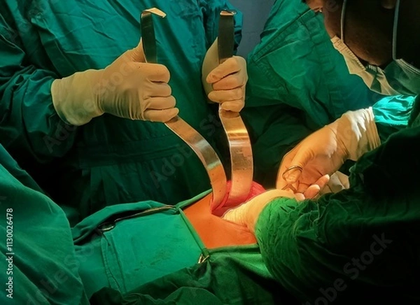 Fototapeta Surgery of abdominal, Resection of Small Bowels with Ligation of vessels during operation. Step by step surgery.