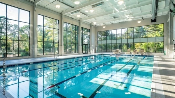 Fototapeta Indoor swimming pool featuring a clean, modern aesthetic and large windows that provide ample natural light