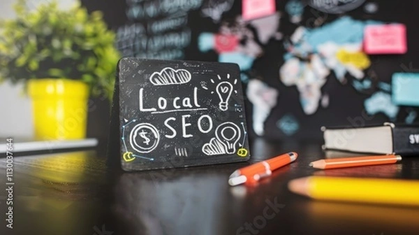 Obraz Local seo text written on black chalkboard with colorful sticky notes and office supplies scattered around