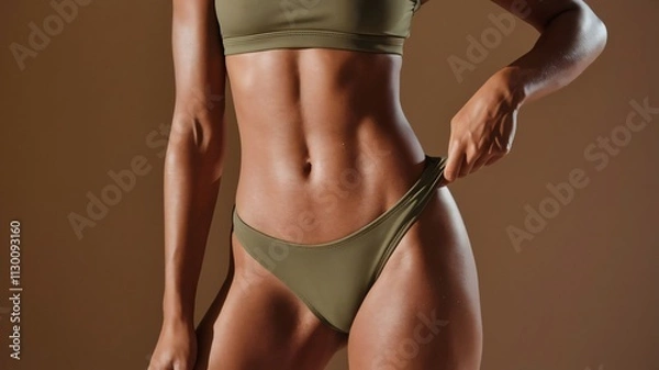 Fototapeta Close-up of a woman's toned midsection and hips wearing olive green bikini bottoms against a muted brown background.