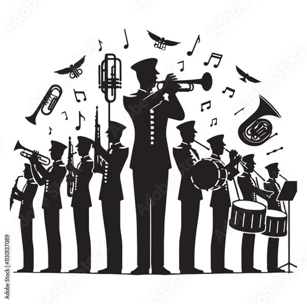 Fototapeta Marching band playing instruments Silhouette vector illustration
