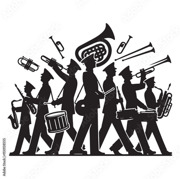 Fototapeta Marching band playing instruments Silhouette vector illustration