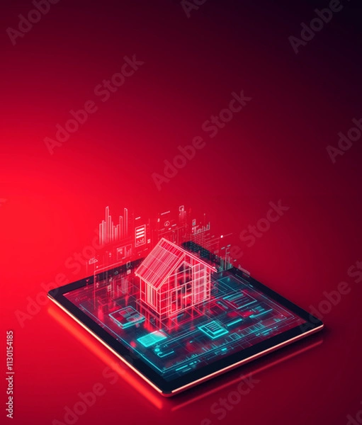 Fototapeta Futuristic Tablet Displaying Real Estate Data on Red Background