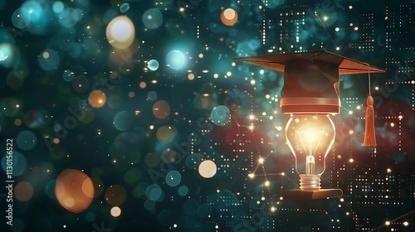 Fototapeta Show a concept image of a diploma with a lightbulb and graduation hat, with interconnected education icons.