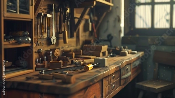 Fototapeta Show a woodworking station with tools, wood pieces, and instructional guides. 